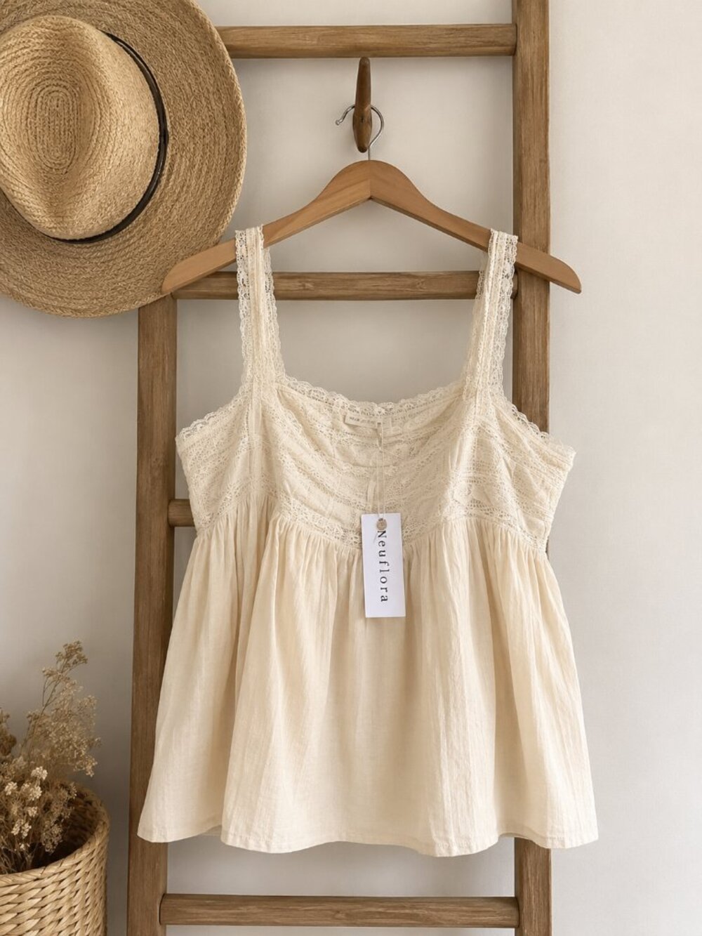NWT Neuflora Cream Cotton Lace Trim Peasant Blouse | Cottagecore Boho Top
